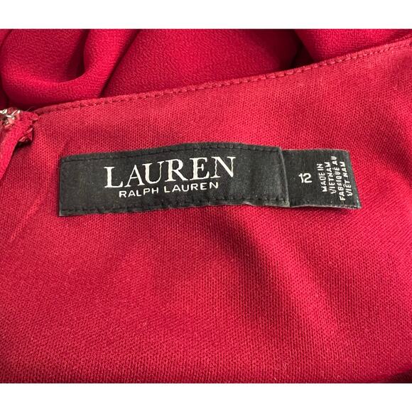 LAUREN Ralph Lauren Red Chiffon Dress Women's Sz 12 Midi Blue Label Short Sleeve - Picture 3 of 6